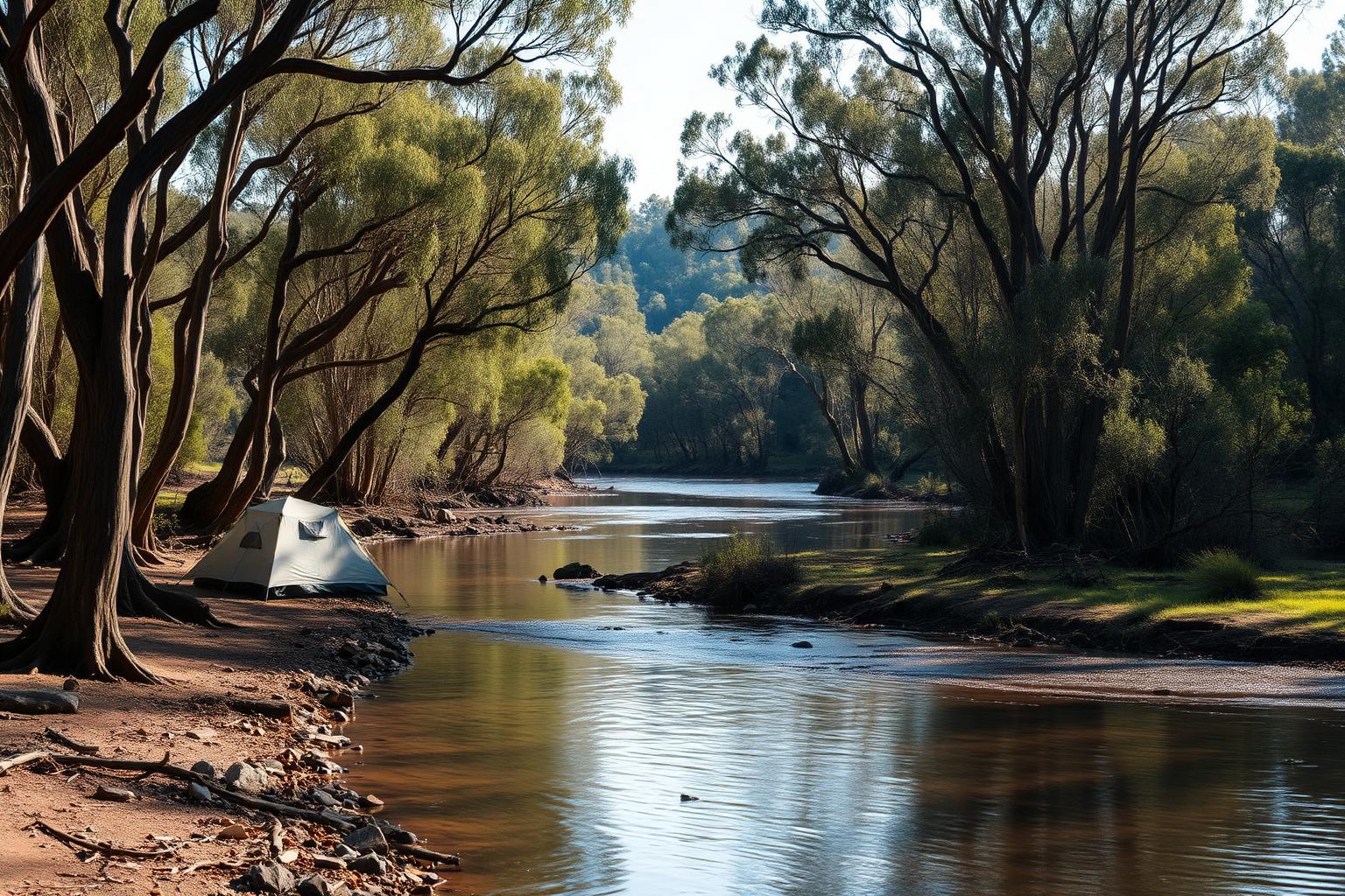 A free bush campsite beside a river with a simple tent pitched