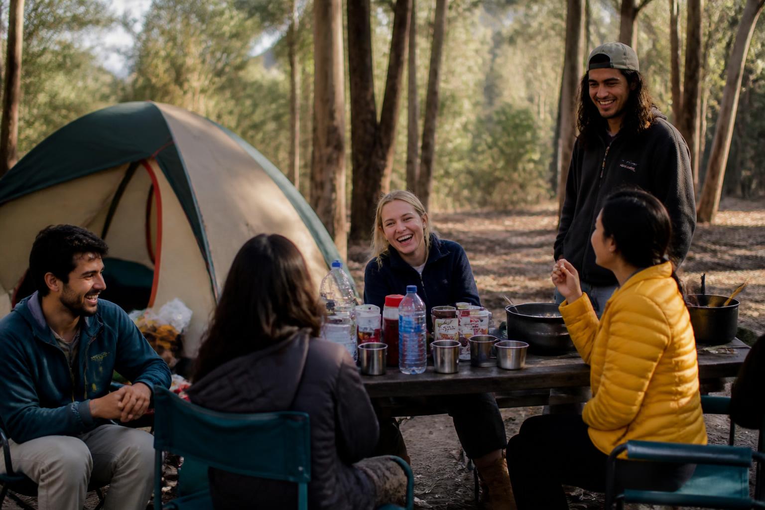 A group of friends budget camping with simple gear