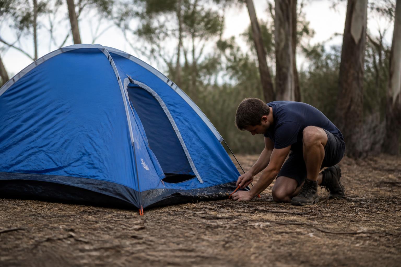A camper setting up an affordable dome tent in the bush