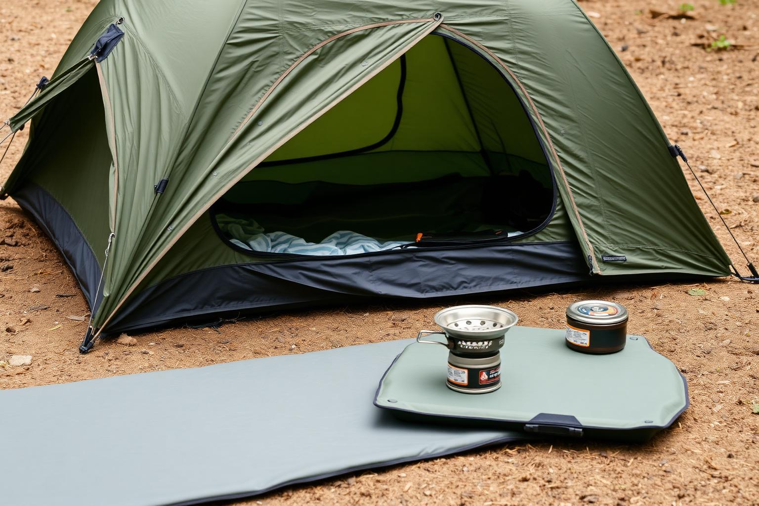 Basic camping gear laid out — a simple tent, mat and cooking kit