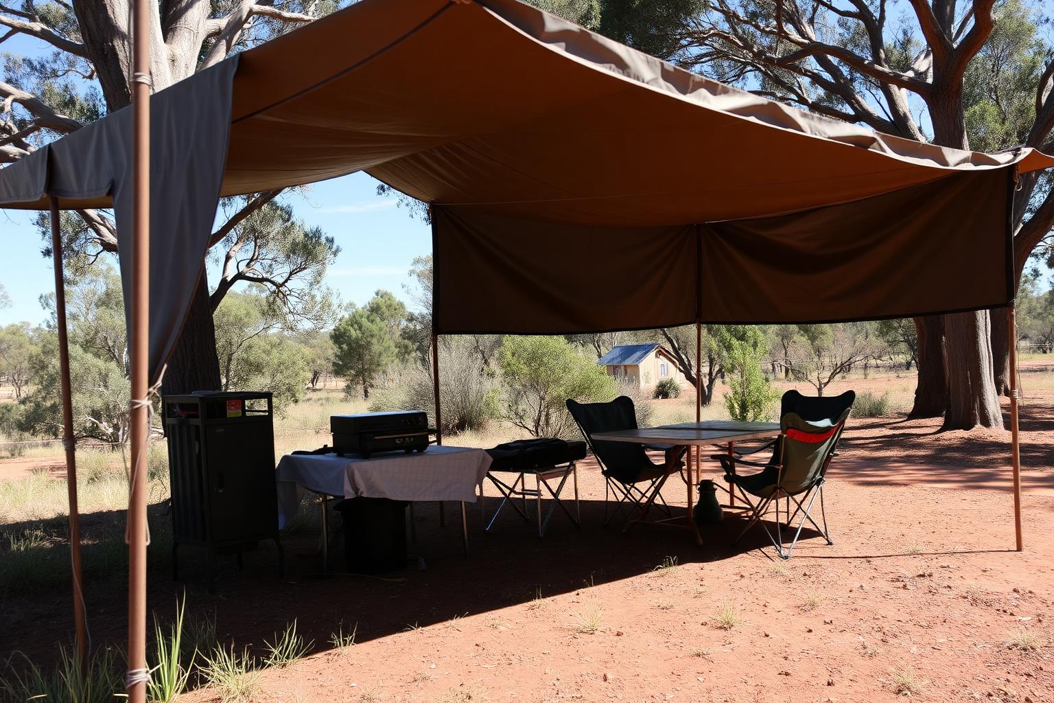 A shaded camp kitchen and seating area set up under an awning