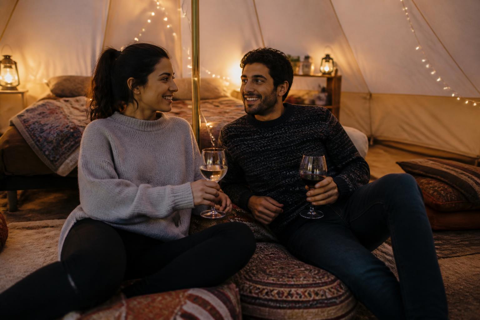 A couple relaxing in a cosy glamping tent with rugs and string lights