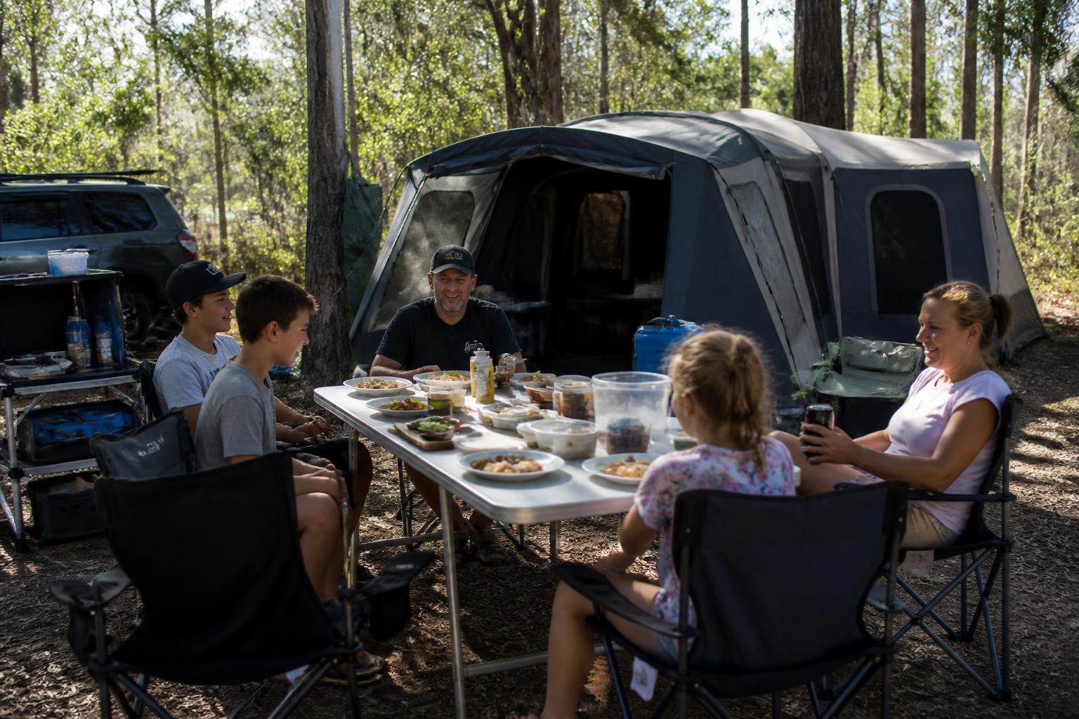 A family enjoying a well-equipped campsite with a large tent and table