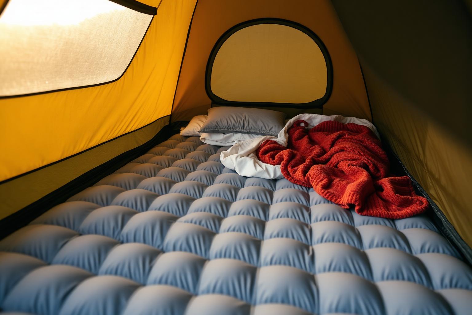 A thick sleeping mat, pillow and warm bedding laid out inside a roomy tent