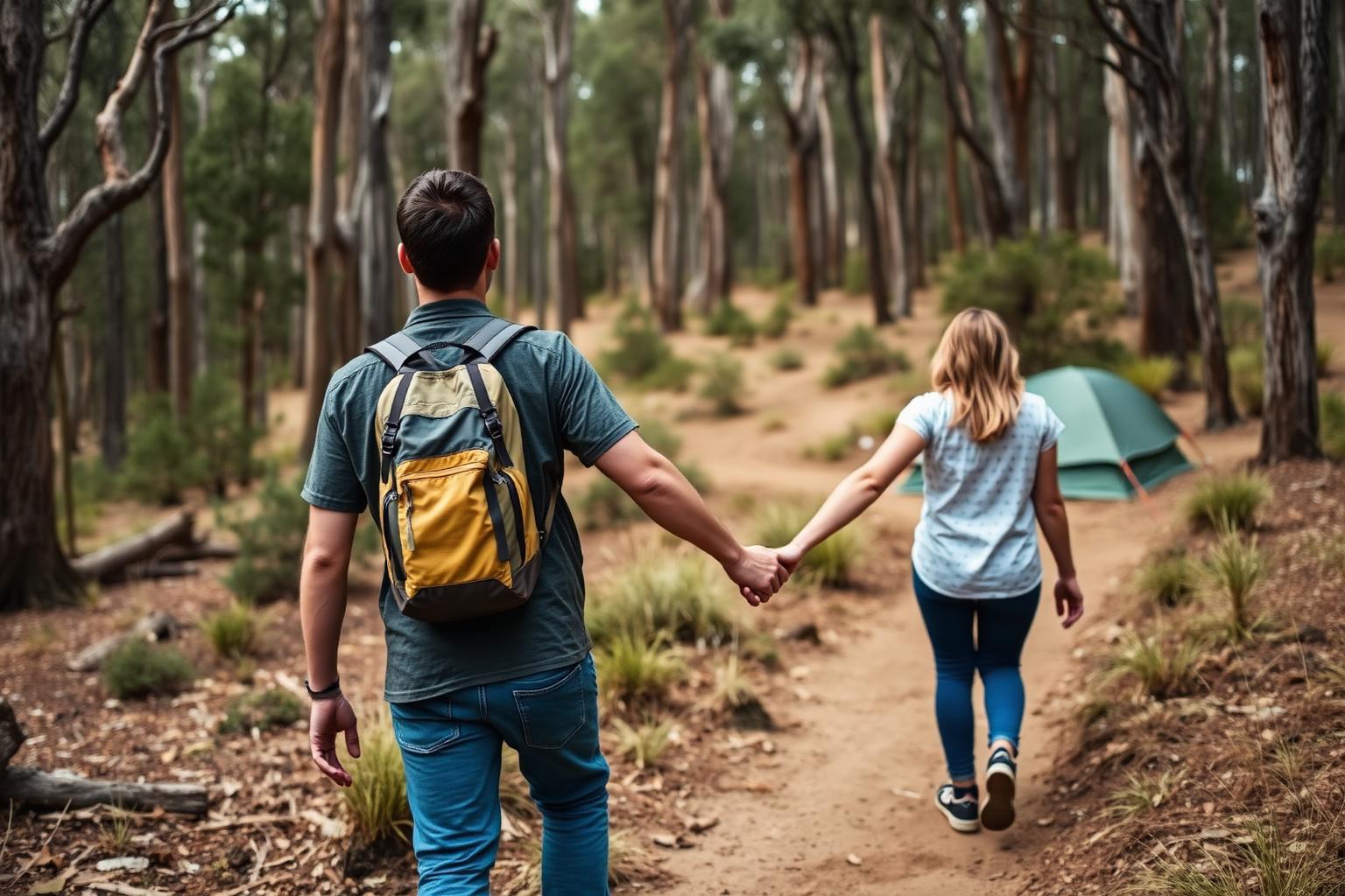 A couple walking a bush track together near their campsite