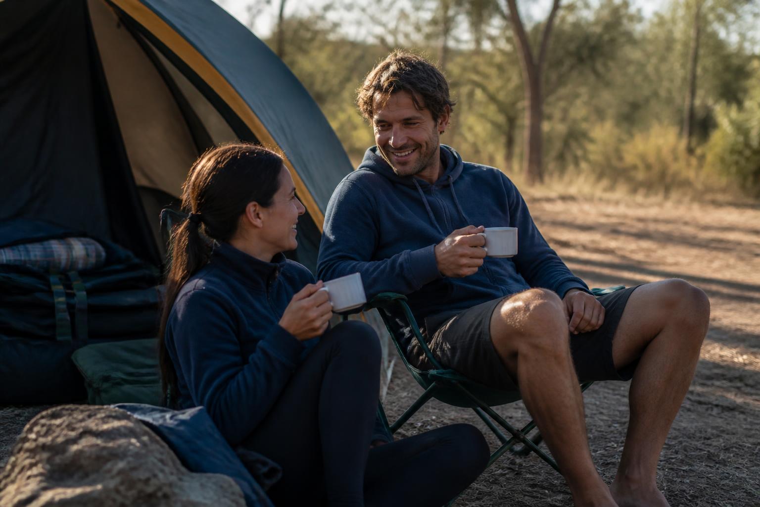 A couple relaxing with coffee outside their tent in the morning