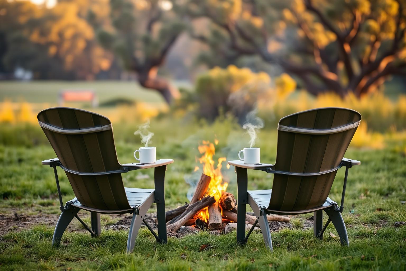 Two camp chairs and two coffees beside a small fire in the morning light