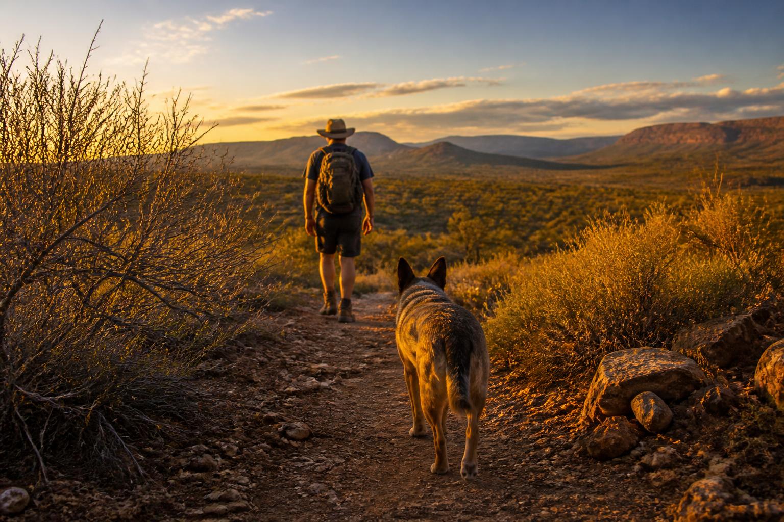 A camper and dog on a bush trail at golden hour