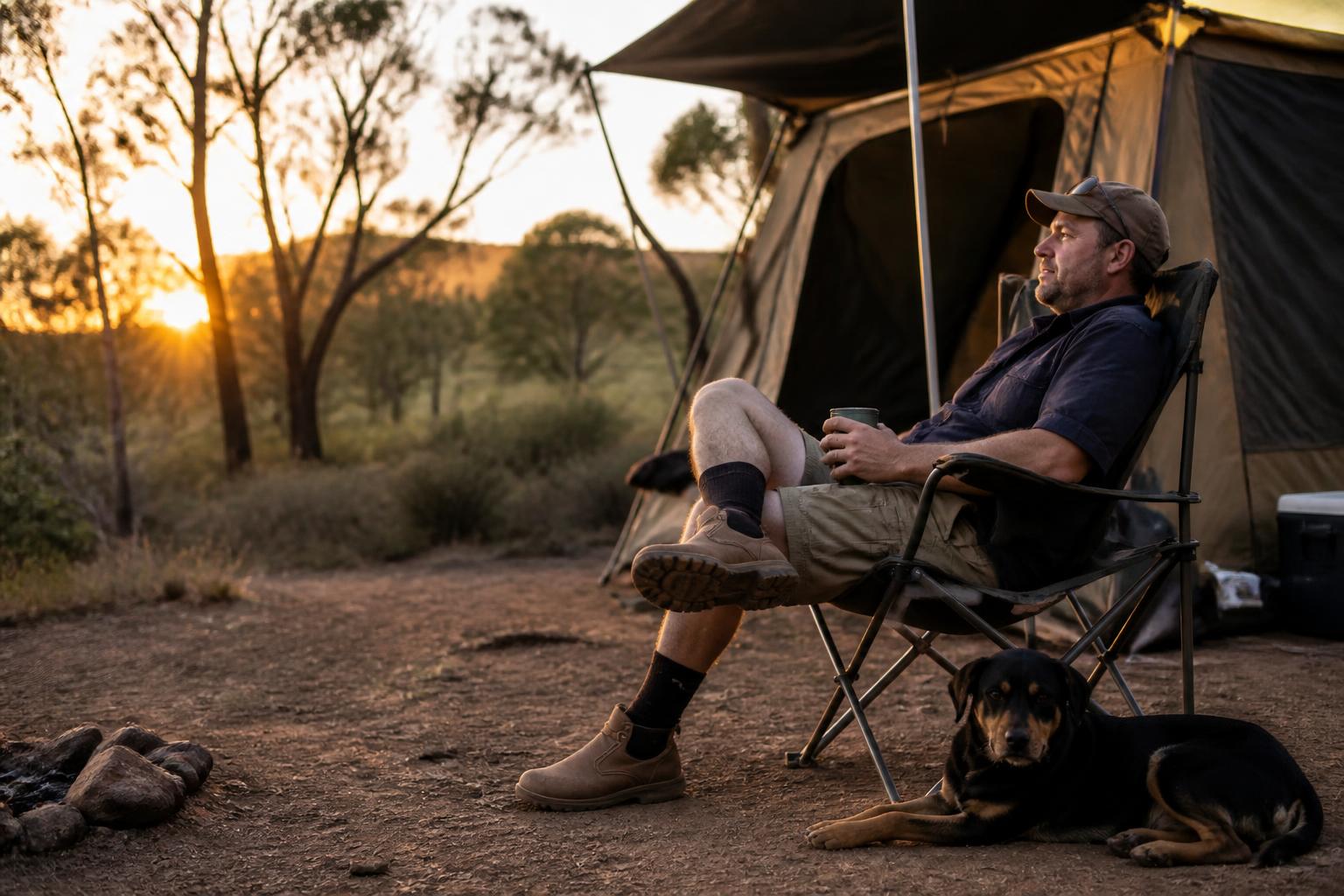 A camper relaxing with his dog beside a tent at golden hour