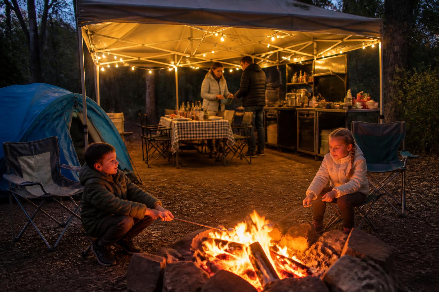 Kids toasting marshmallows under fairy lights at the family camp kitchen
