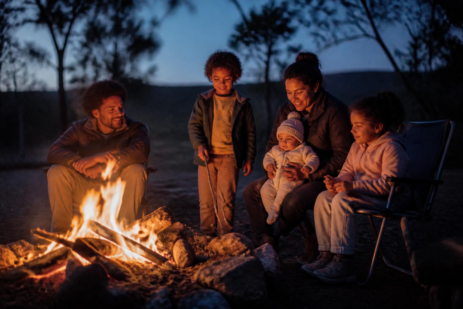 A family gathered around a campfire at dusk