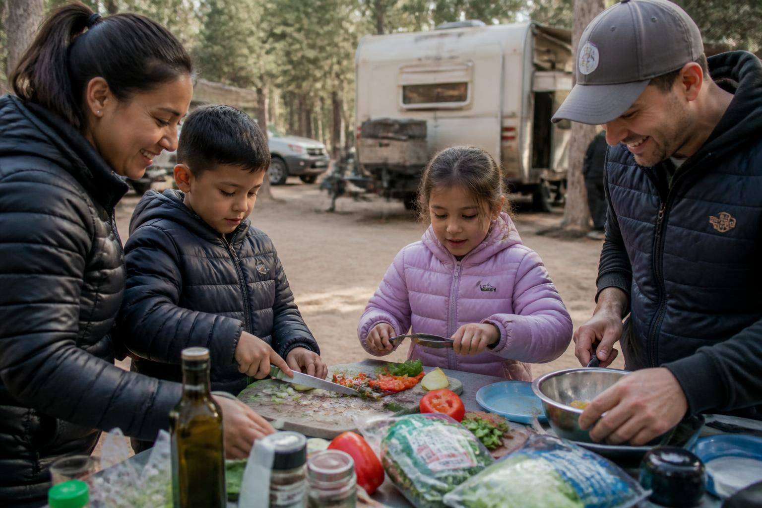 A family cooking together at a camp kitchen table