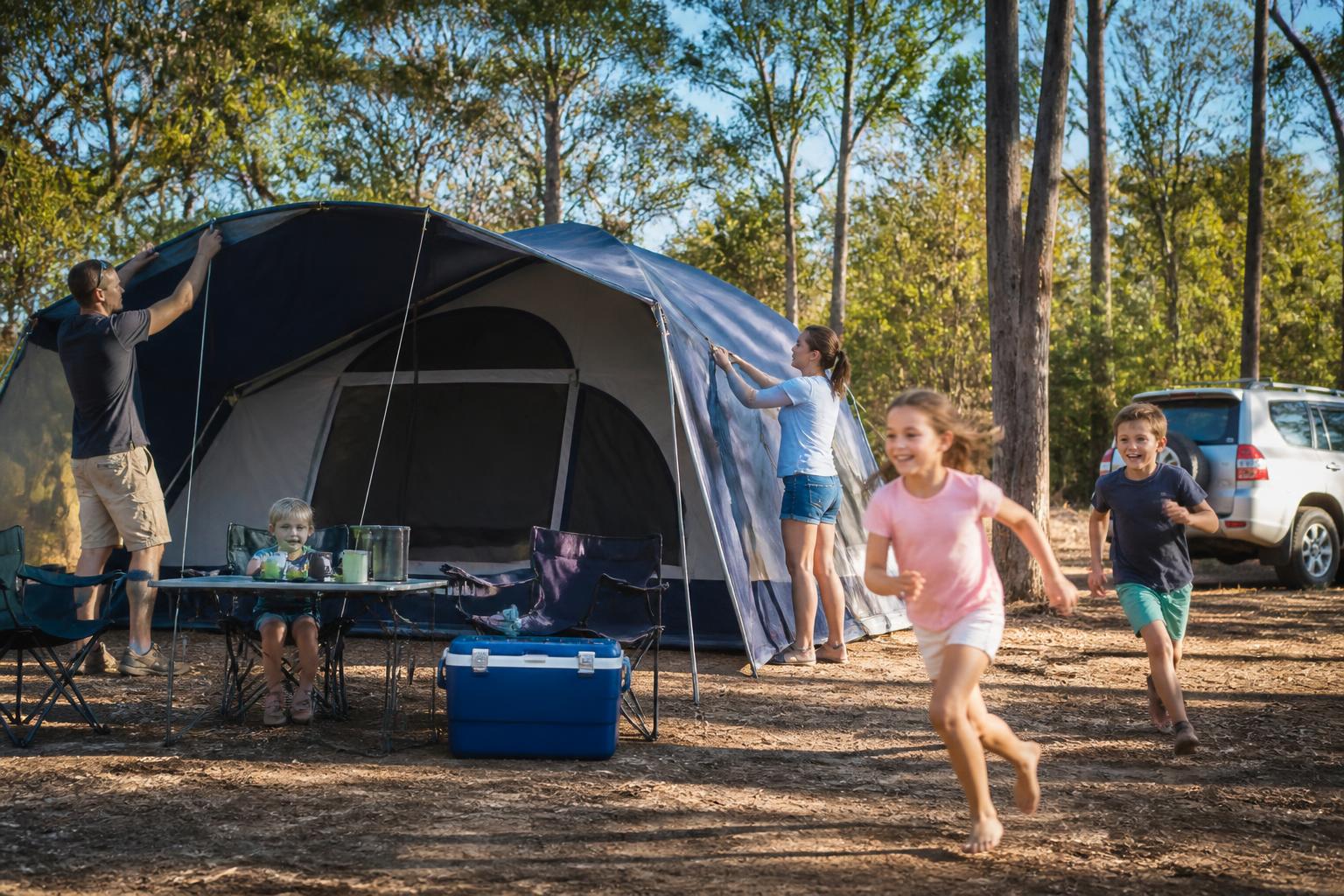 A family setting up camp together at a sunny bush campground