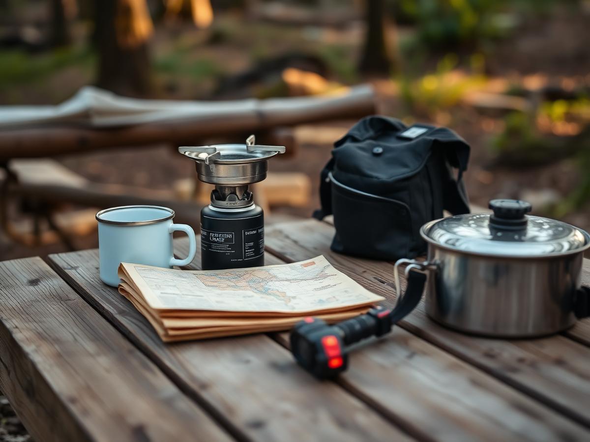 Camping gear laid out on a picnic table at a bush campsite