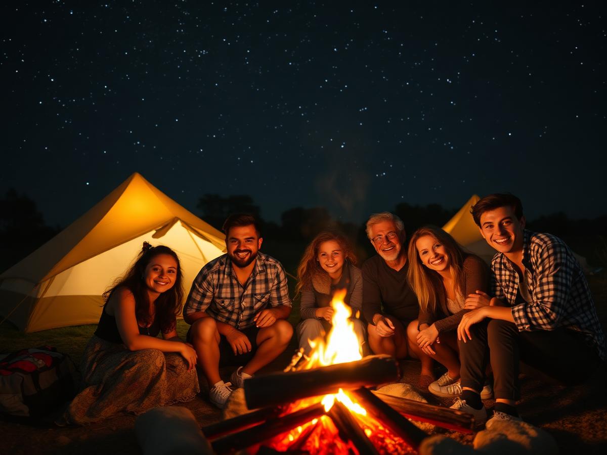A diverse group of friends around a campfire under a starry night sky