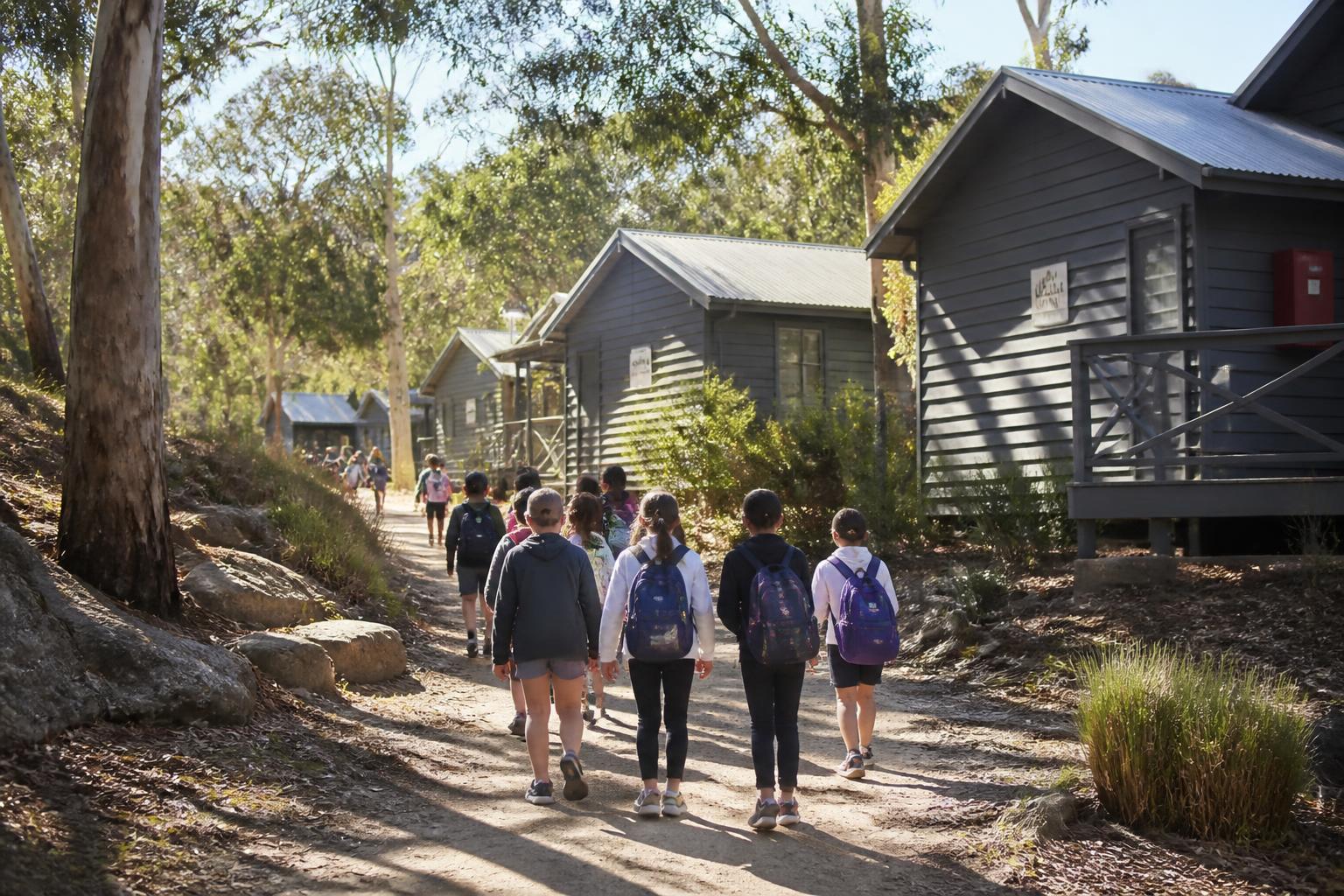 Kids with backpacks walking to their cabins at a bush school camp