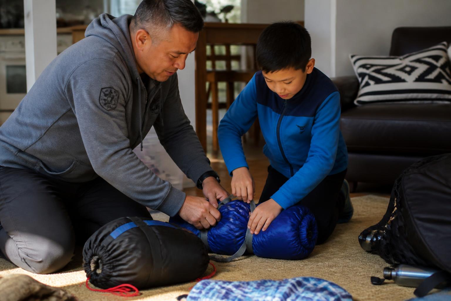 A parent helping a child pack a sleeping bag and gear before camp