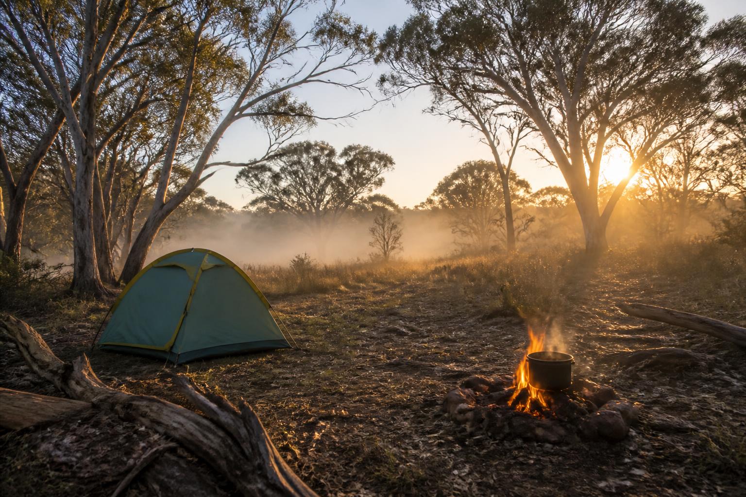 Dawn over a solo bush camp, mist rising and the billy on the fire
