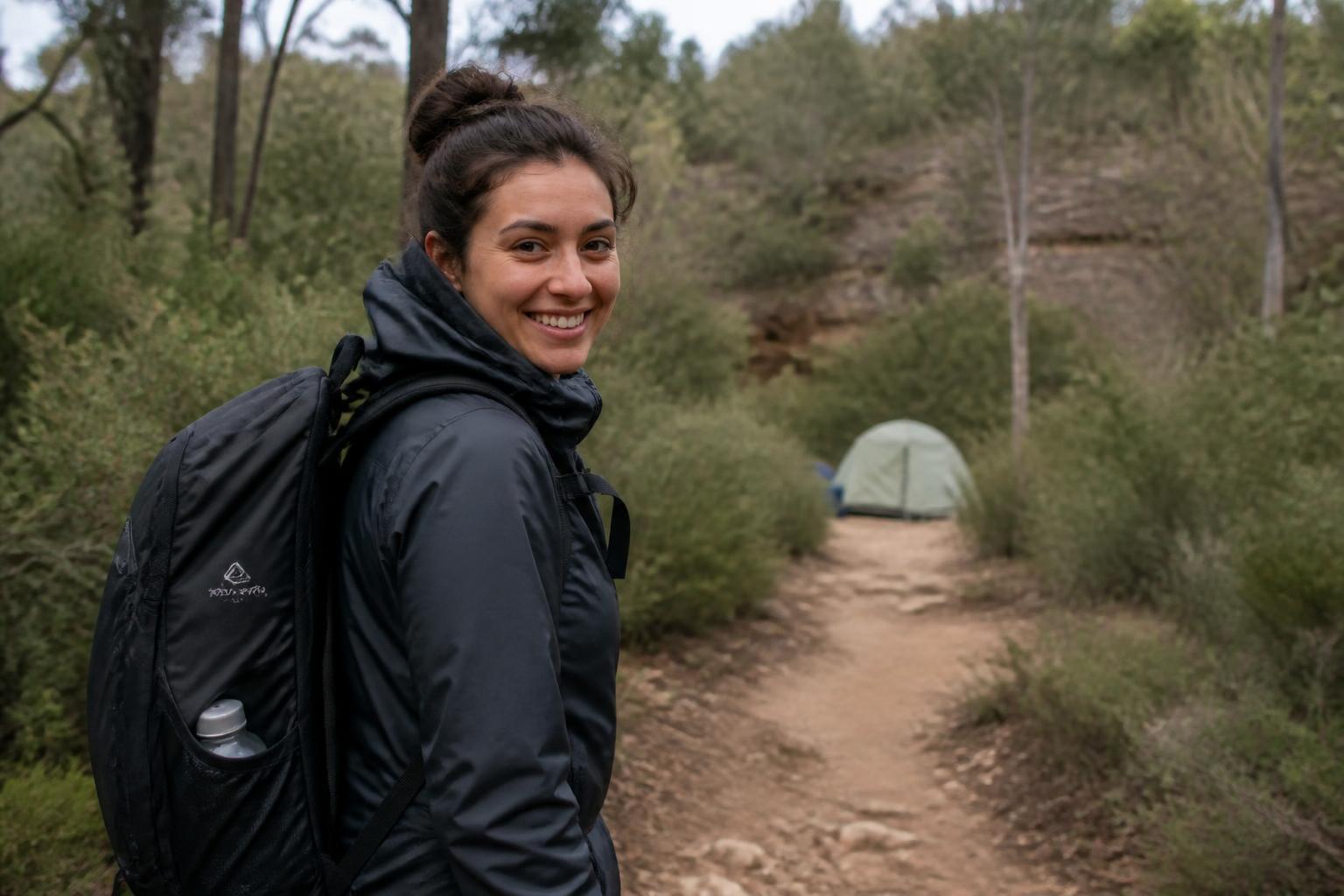 A solo hiker with a backpack smiling on a bush trail near camp