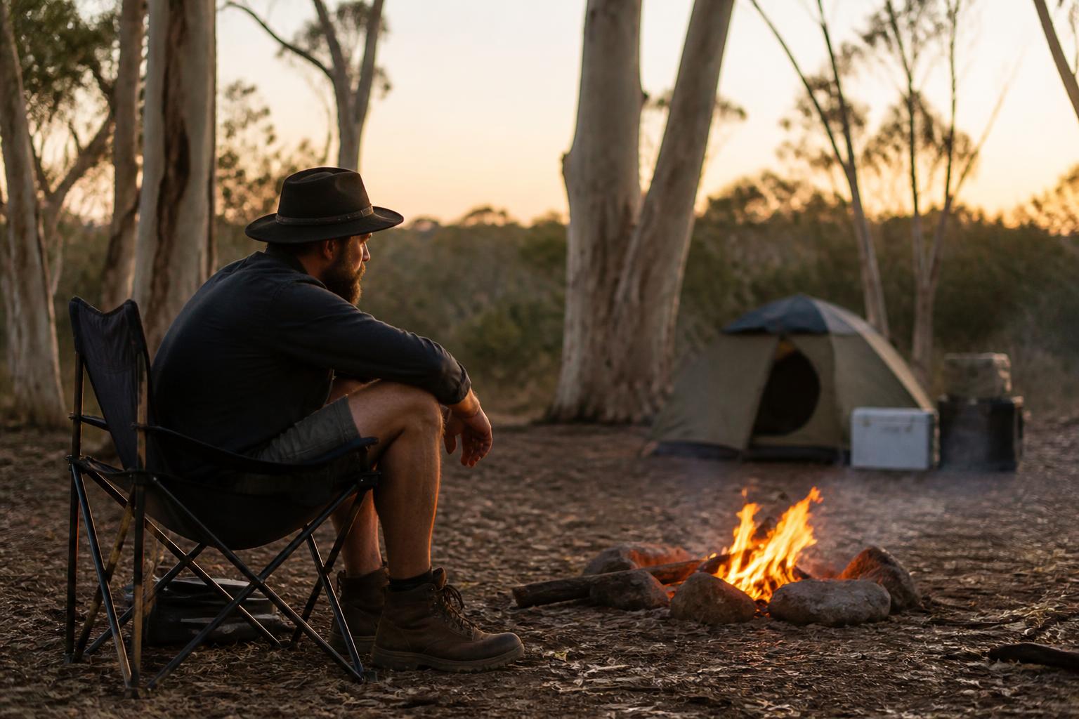 A solo camper enjoying a quiet campfire at golden hour in the Australian bush