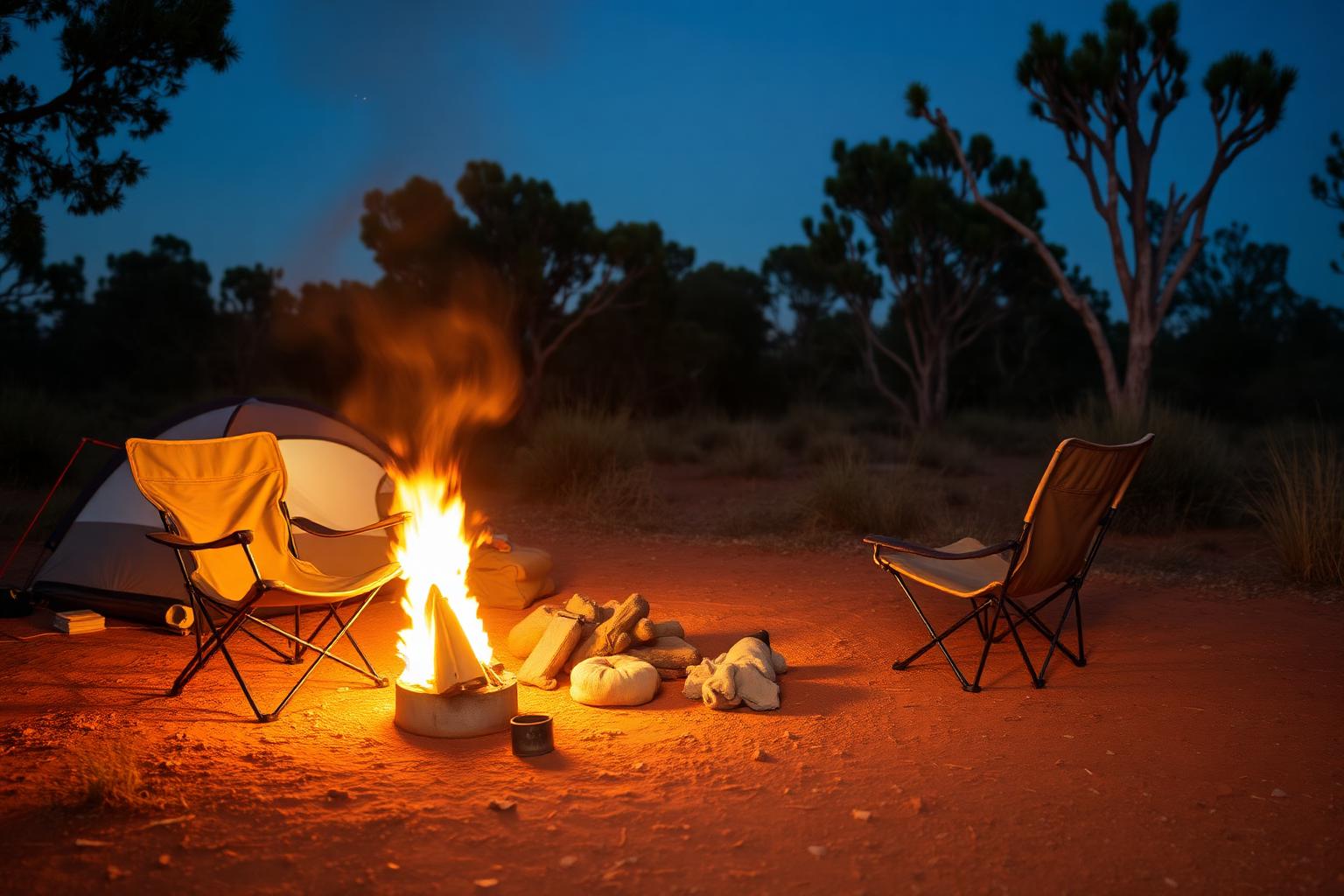 A relaxed weekend campsite with chairs around a small fire