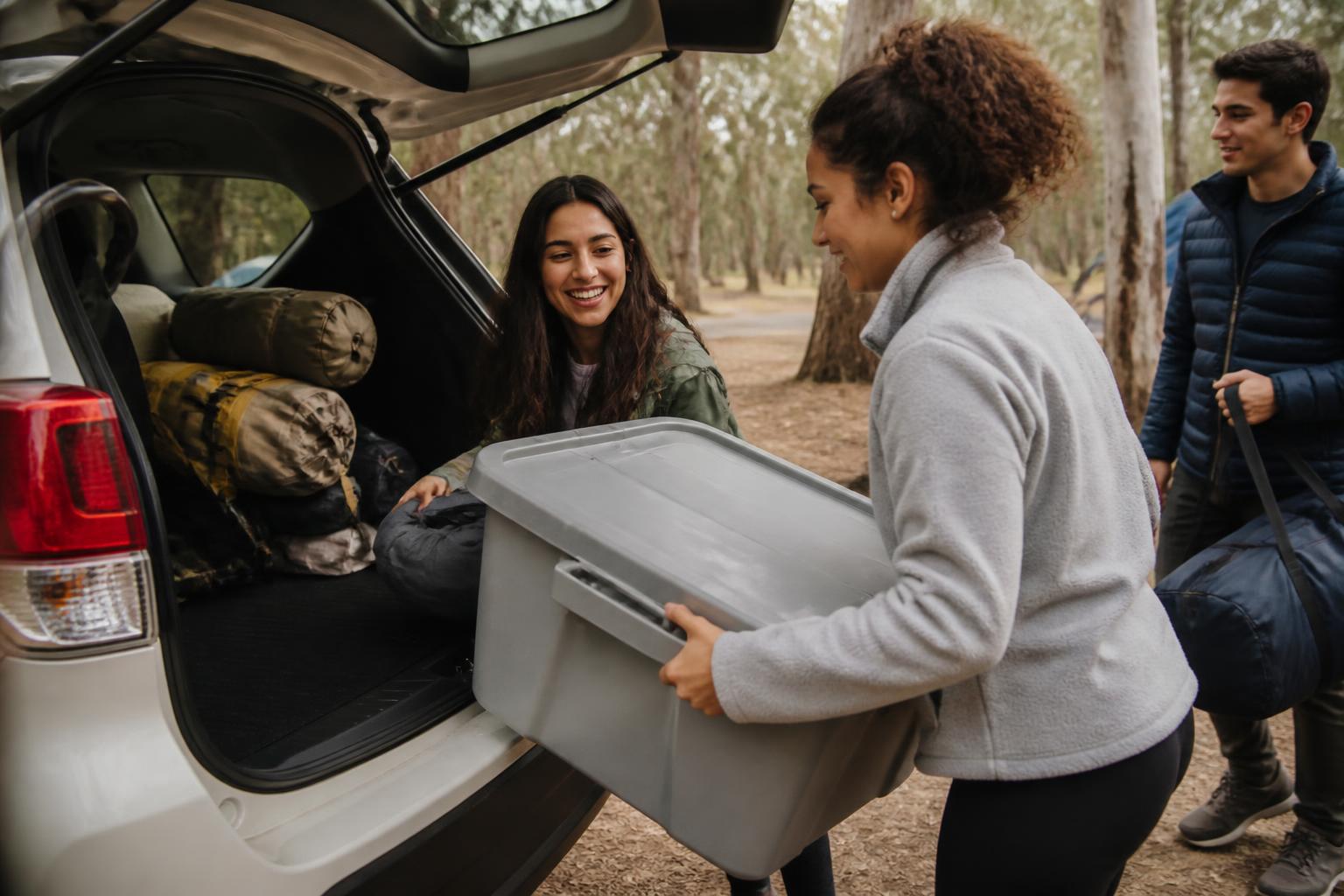 Friends unloading gear from a car for a weekend camp