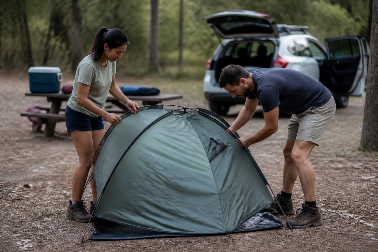 A couple pitching a pop-up tent for a weekend getaway