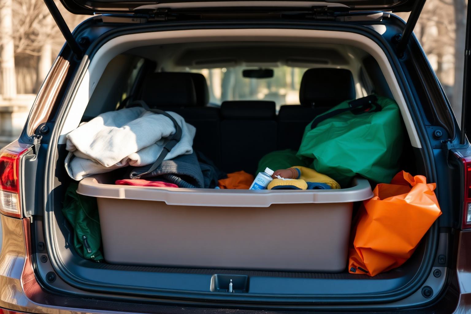 A pre-packed camping tub loaded in the back of a car ready to go